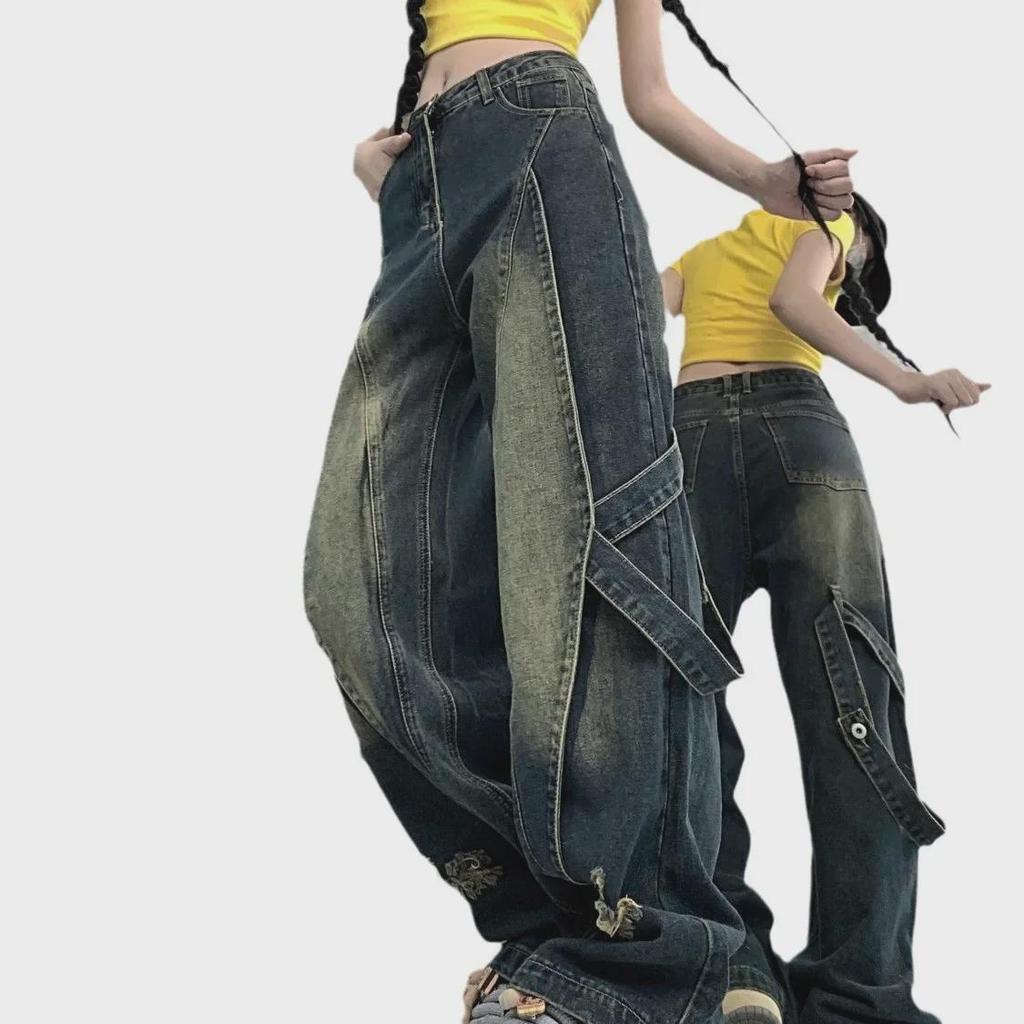 2024 Yellow Washed Heavy-Duty Wide-Leg Jeans with Stitching Design for Men