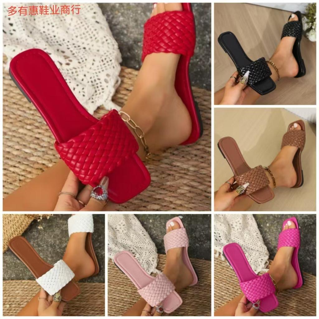 Woven Flat-bottomed Slippers Women's 2025 New One-character Solid Color Flat-bottomed Cool Slippers Women's Slippers