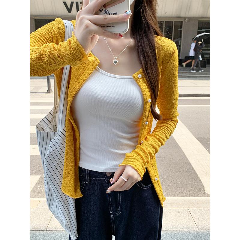 

Sweet Spice Girl Yellow Crew Neck Knitted Cardigan Women s Early Autumn Thin Wood Ear Edge Design Temperament Jacket Beautiful Top S жёлтый