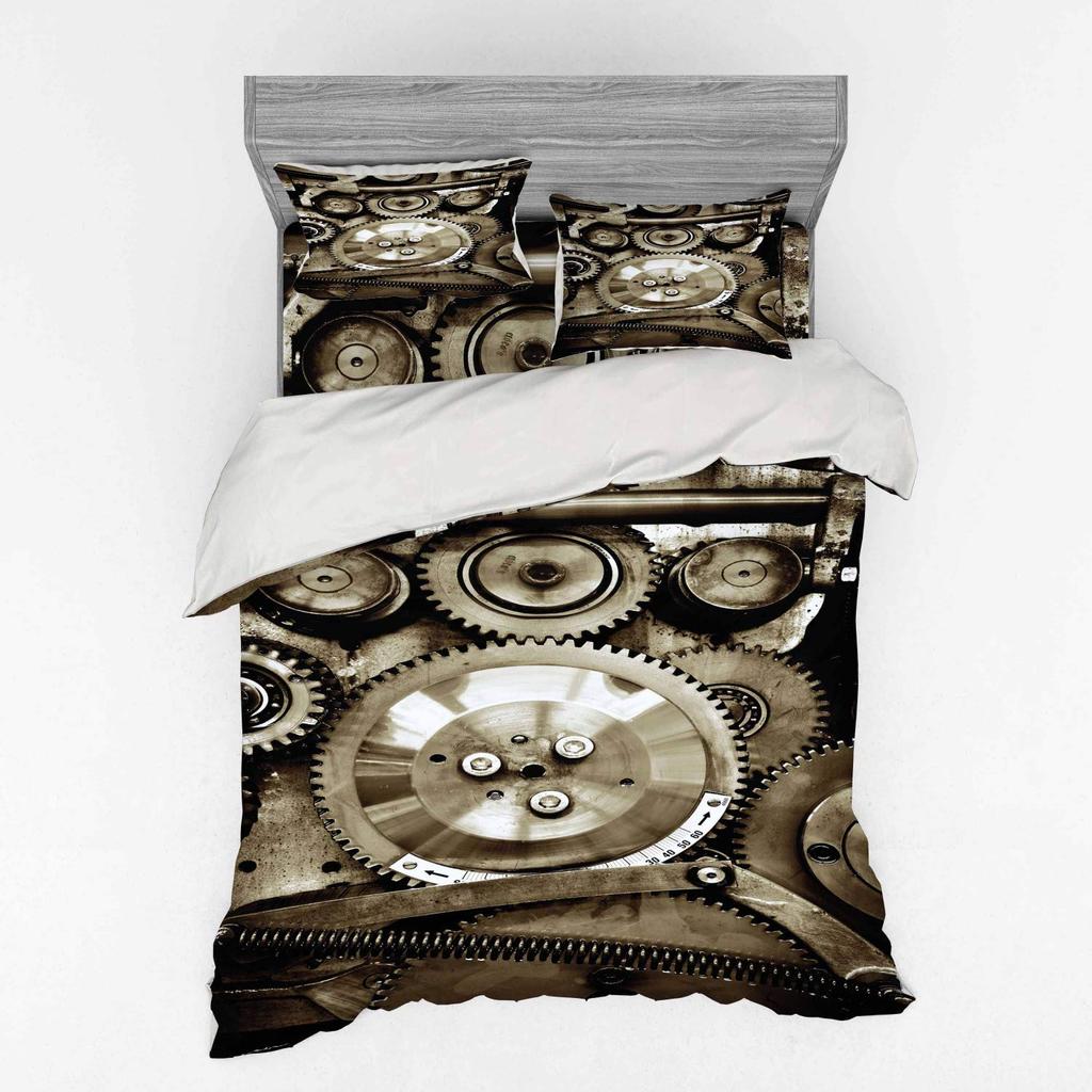 Mechanisches Zahnrad Bettbezug für Teenager Erwachsene Industrielles Bettwäscheset Schlafzimmerdeko 2 Kissenbezüge 1 Bettbezug Keine Bettdecke