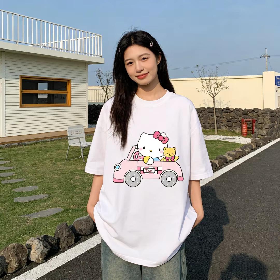 

2026 Summer Hello Kitty Cartoon Printed Short Sleeve Pure Comfortable summer loose Tshirt for Women S