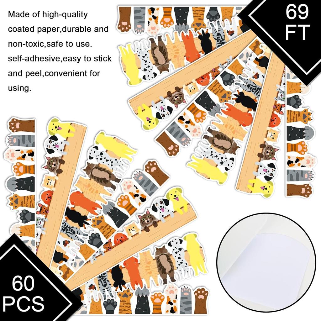 60Pcs Pet Bulletin Board Borders Cute Dog Cat Paw Print Self-Adhesive Border Trim Sticker Decals for Home Classroom Office Party Wall Decor