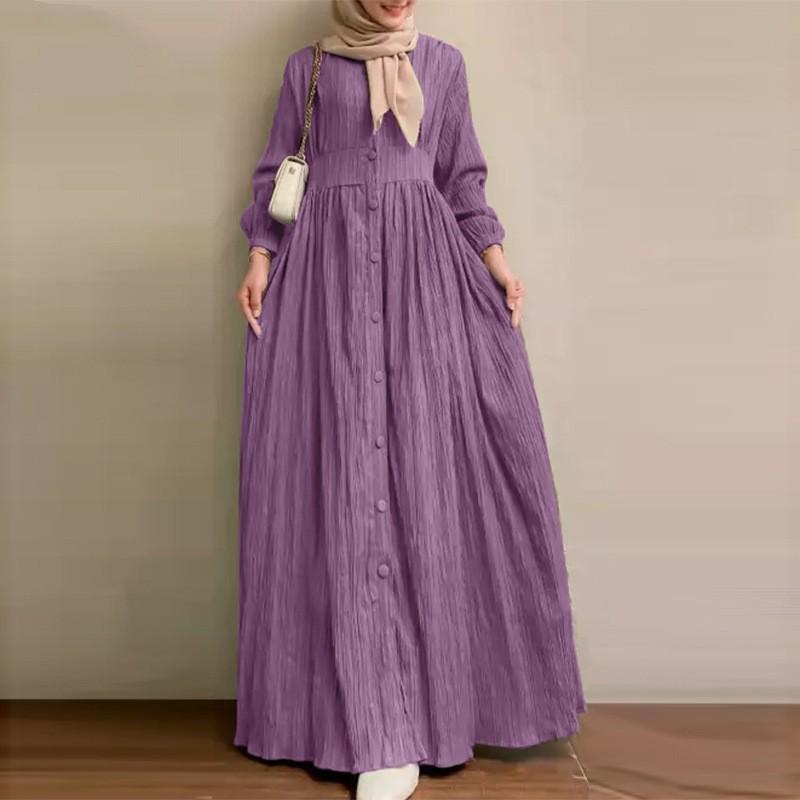 2024 Retro Puff Sleeve Dress: Elegant Solid Color Muslim Women's Clothing for Spring and Autumn