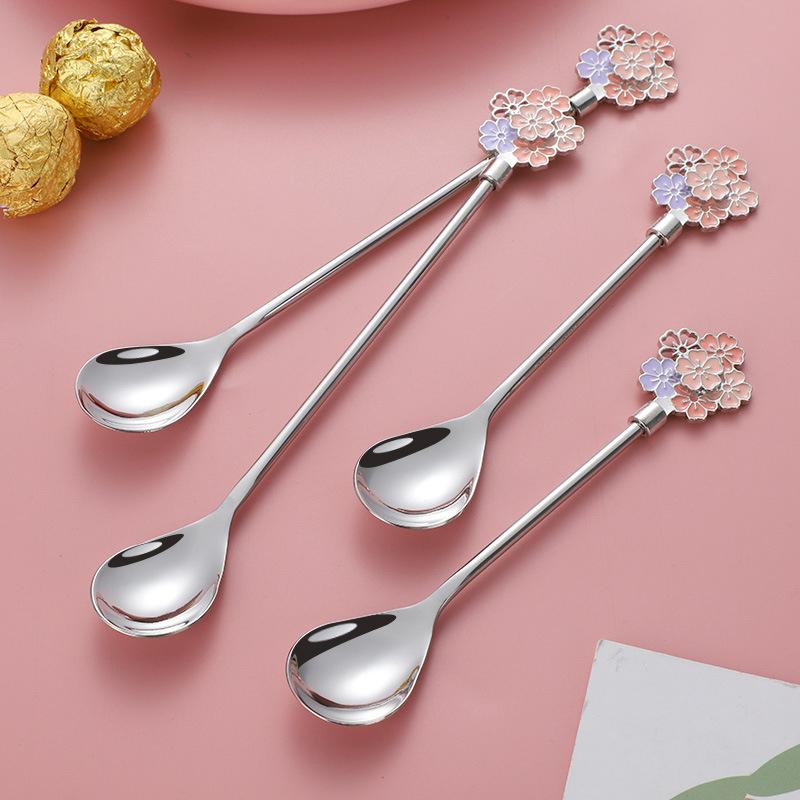 Stainless Steel Japanese Cherry Blossom Spoon Exquisite Dessert Long Handled Ice Spoon Household Bird'S Nest Mixing Spoon