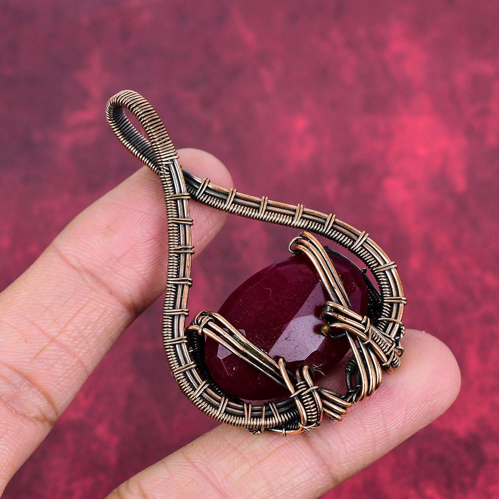 Faceted Kashmir Ruby Pendant Copper Wire Wrapped Pendant Handmade Unique Style Pendant Gemstone Copper Jewelry Gifts for Her Dainty Pendant