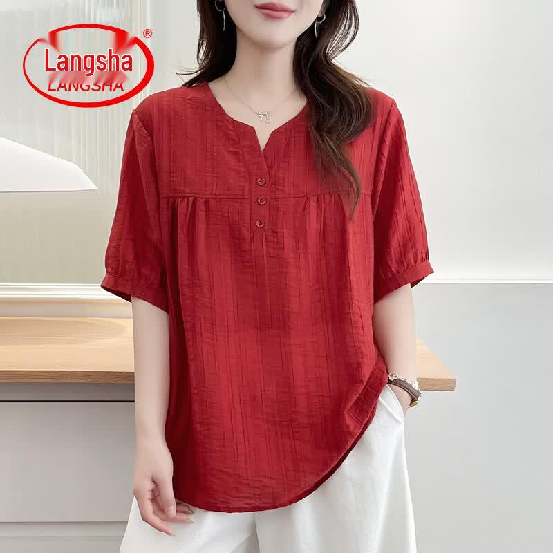 Langsha Women s Summer Pleated Cooling Short Sleeve Blouse 2XL красный