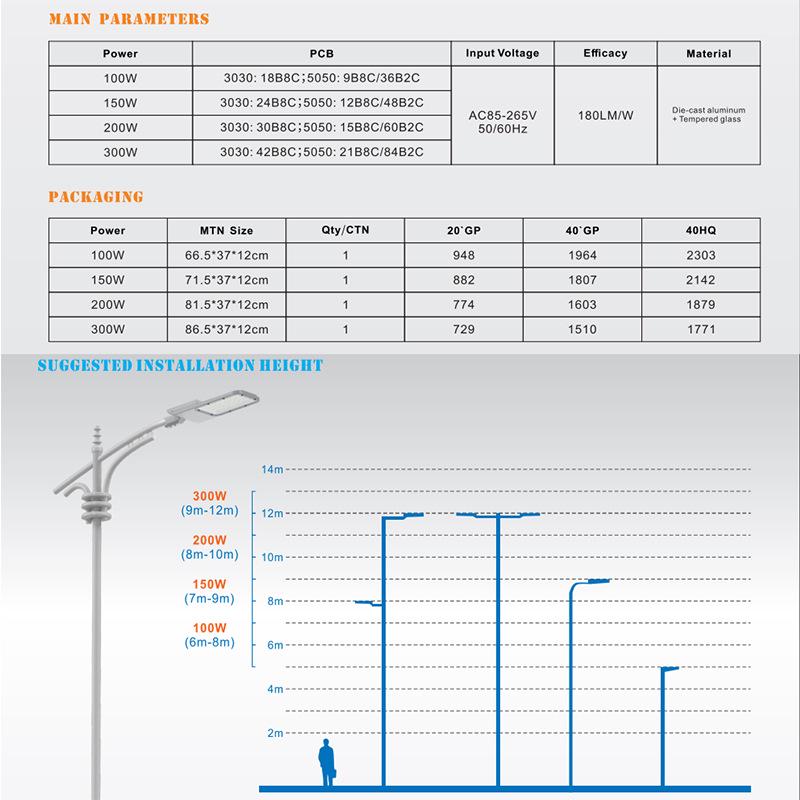 Adjustable LED Street Light Head, Tool-Free Opening, 200W/300W