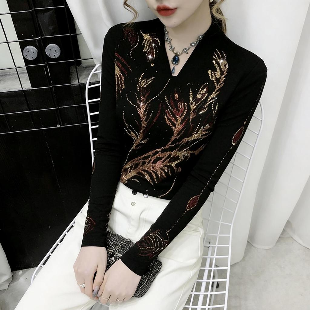 De Rong Women's Elegant V-Neck Long Sleeve Shirt with Hot-Drilled Details - Autumn/Winter Collection