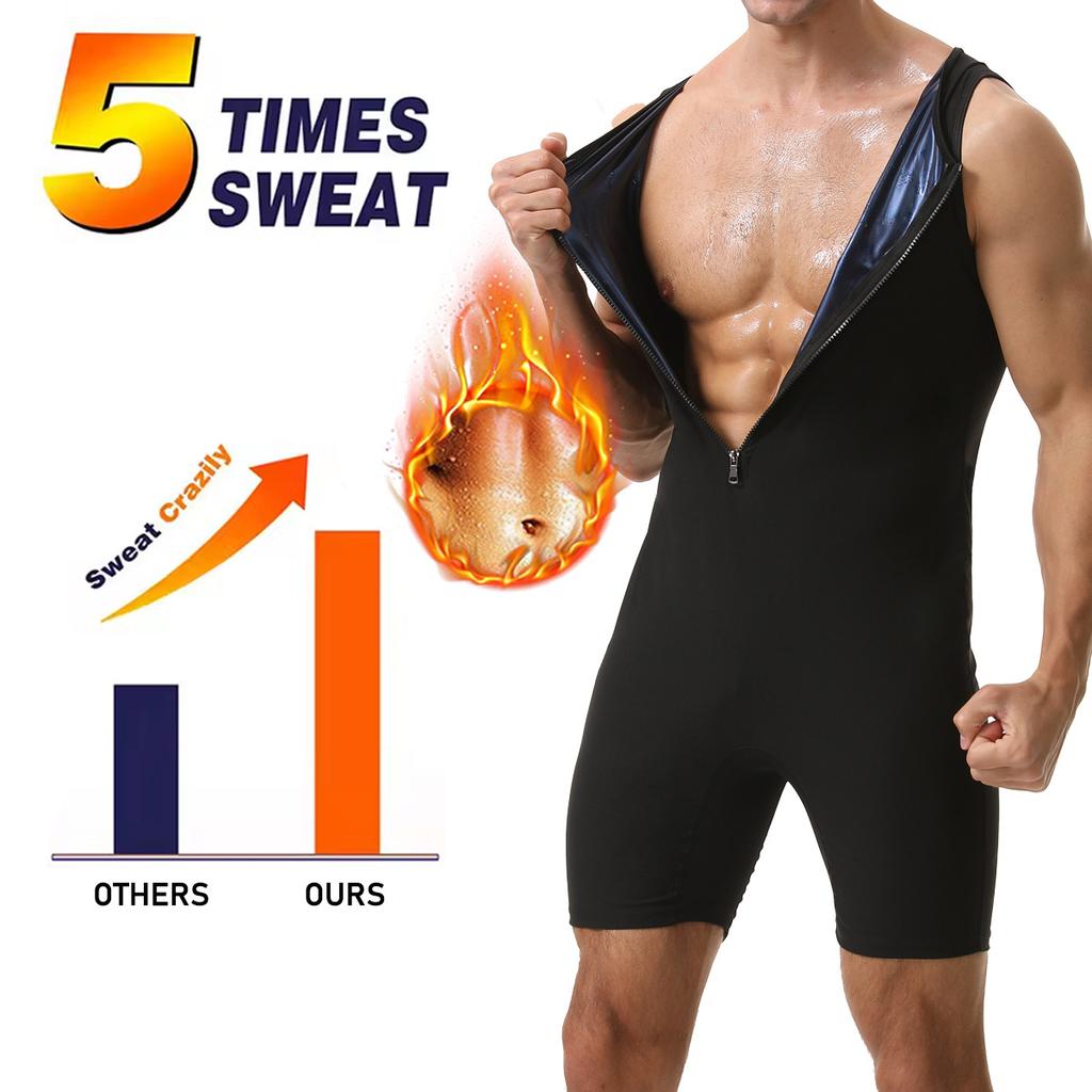 Combinaison Sauna Homme Gainant Body de Course Sweat à Fermeture Éclair Entraînement avec Short Maillot de Corps Fitness Musculation Combinaison d'Exercice Débardeur Combinaison