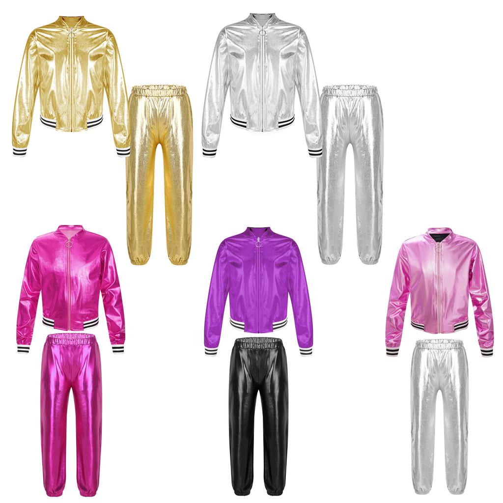 Kids Girls Shiny Metallic Dance Performance Costume Hip Hop Street Dance Dancewear Workout Tracksuit