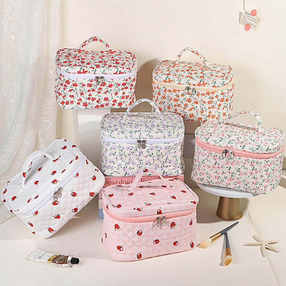 3Pcs Cosmetic Bag Cute Floral Cotton Toiletry Organizer Bag Zipper Travel Cosmetic Bag for Women Girls