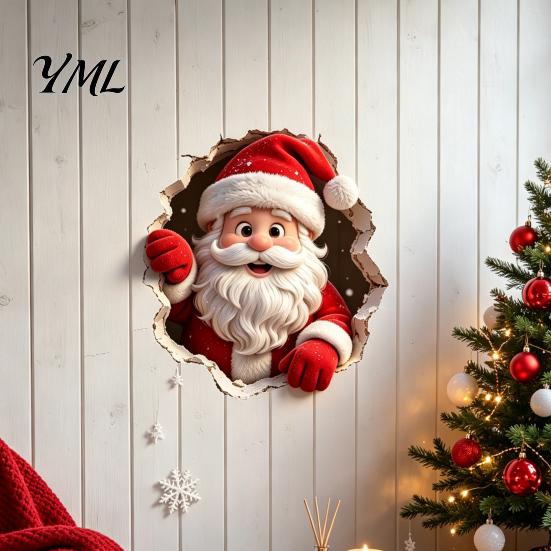 Festive Wall Murals for Bedroom 3D Christmas Santa Claus Stickers, Self Adhesive PVC Decals with Realistic Breaking Decorative Stickers Holidays
