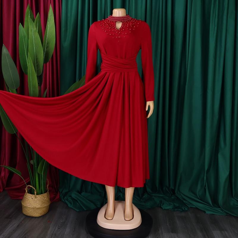 YYFS Women's Fashion Spring Fall Solid Color Print Long Sleeve O-Neck High Waist Casual Dresses