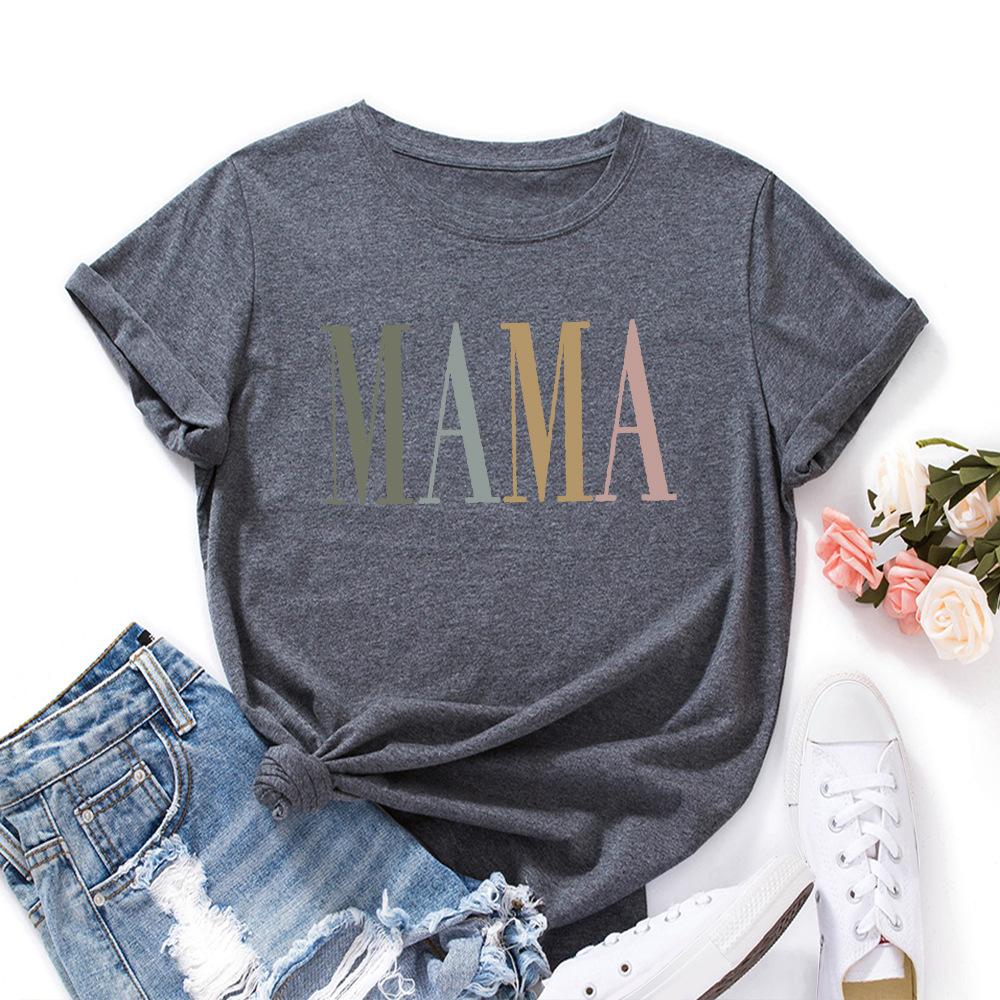 MAMA Cotton T-Shirt Short Sleeve Round Neck Women 2d Print Tops