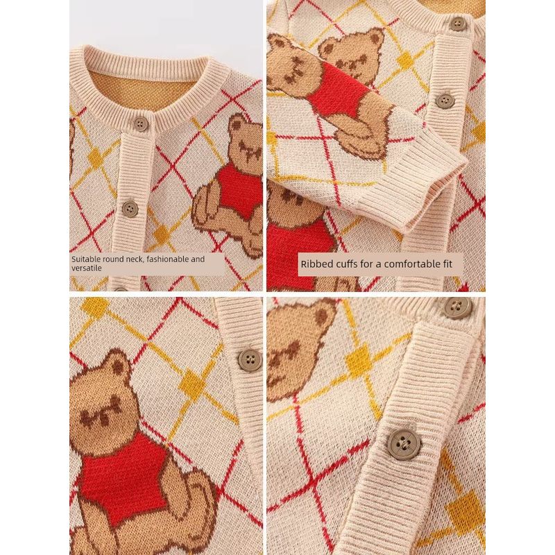 Autumn and Winter Kidsren's Bear Jacquard Cardigan Knitwear for Boys and Girls Plaid Knitwear Baby Round Neck Knitwear Jacket