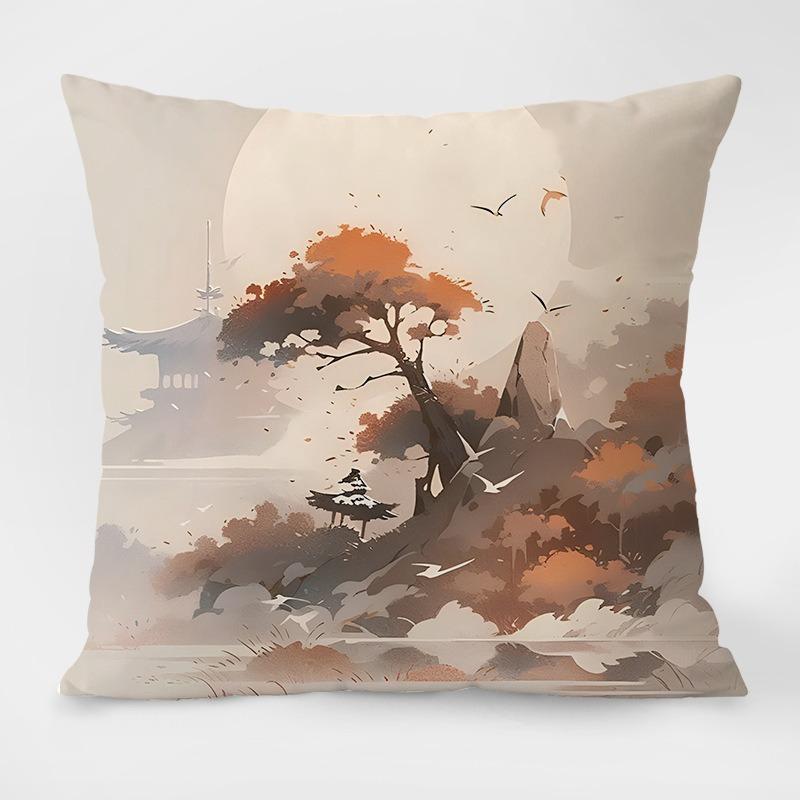 Landscape Painting Retro Pattern Decorative Pillowcase Living Room Bedroom Square Cushion Pillowcase