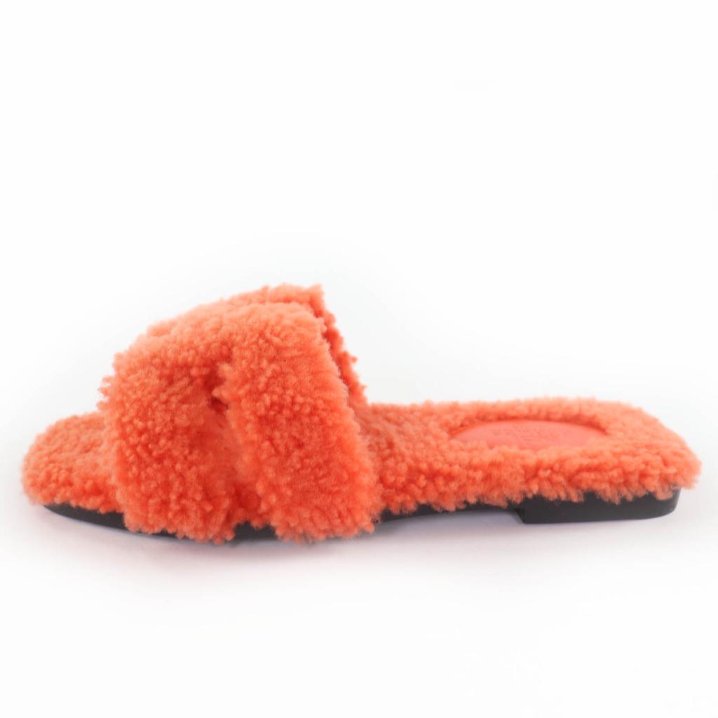 Pristine HERMES Sandals Orang Boa flat mules Orange Mouton Women 35.5 Used