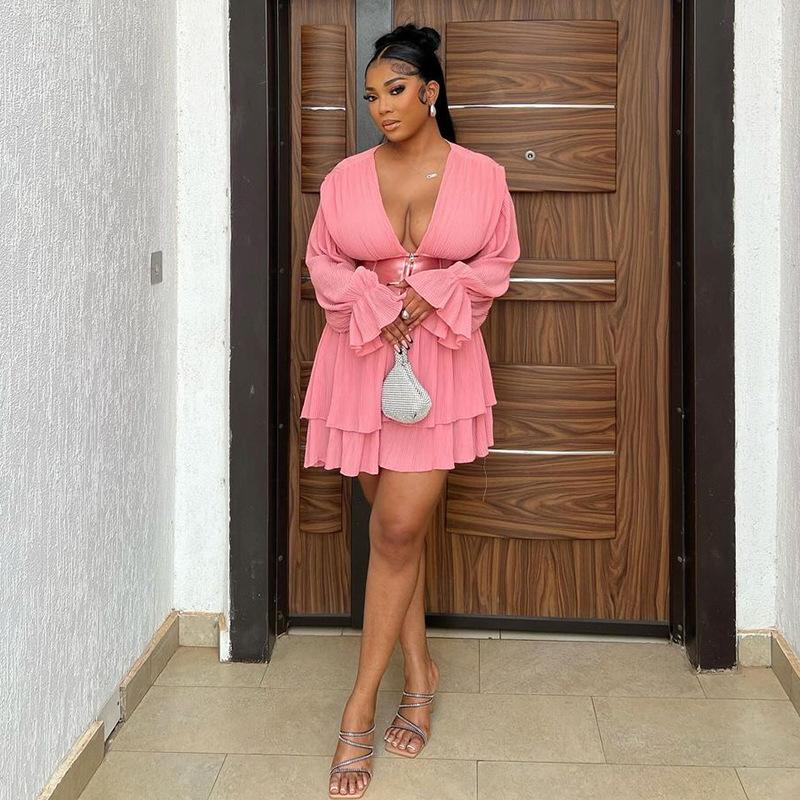 Frühling Herbst Damen Temperament V-Ausschnitt Trompetenärmel Kurzes Oberteil Halbkörperrock Freizeitanzug