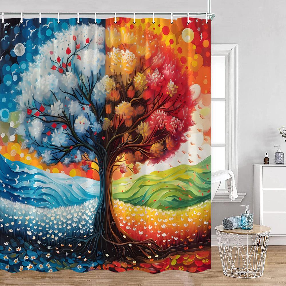 Jahreszeiten Baum Ölgemälde Duschvorhänge Fantasy Baum Wald Bunt Aquarell Blätter Badezimmervorhang Polyester Badezimmerdeko