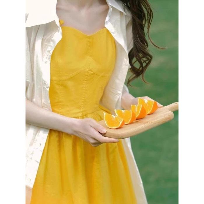 

Dopamine yellow sleeveless suspender dress women s summer French high-end seaside vacation super fairy beach skirt S жёлтый