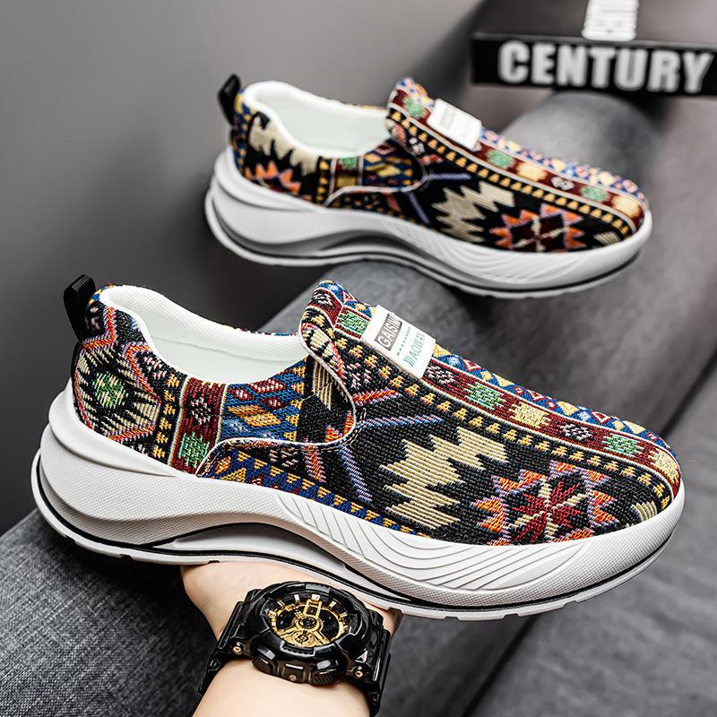 Spring New Shoes for Men Canvas Casual Shoes Trend Print Thick-soled Flat Skateboard Shoes Youth Slip-on Loafers