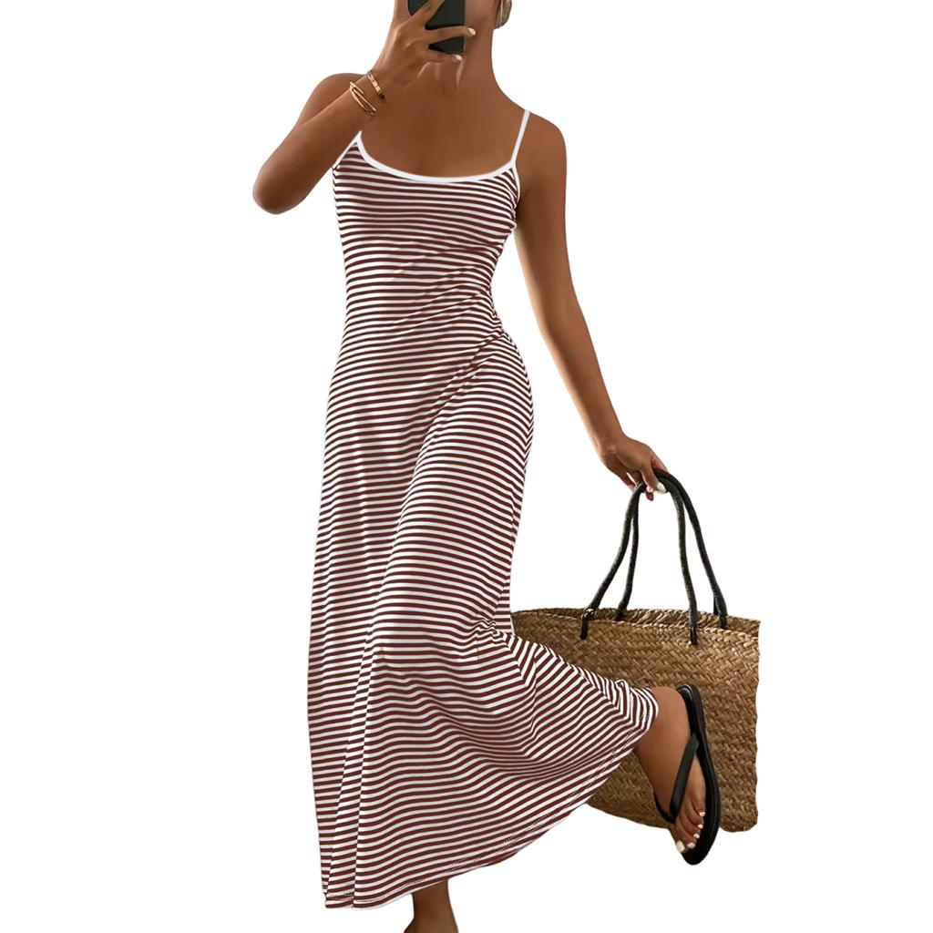 Women's Fashionable Casual Spaghetti-Strap Sexy Backless Fitted Striped Dress