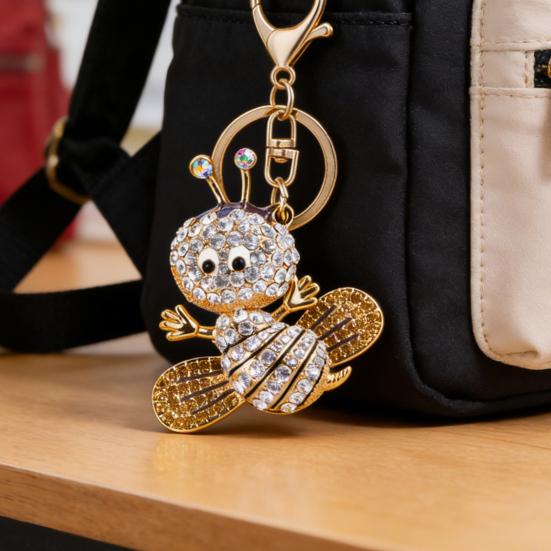 Sparkling Rhinestone Bee Keychain Cute Animal Key Ring Bag Charm with Lobster Clasp for Handbag Purse Wallet