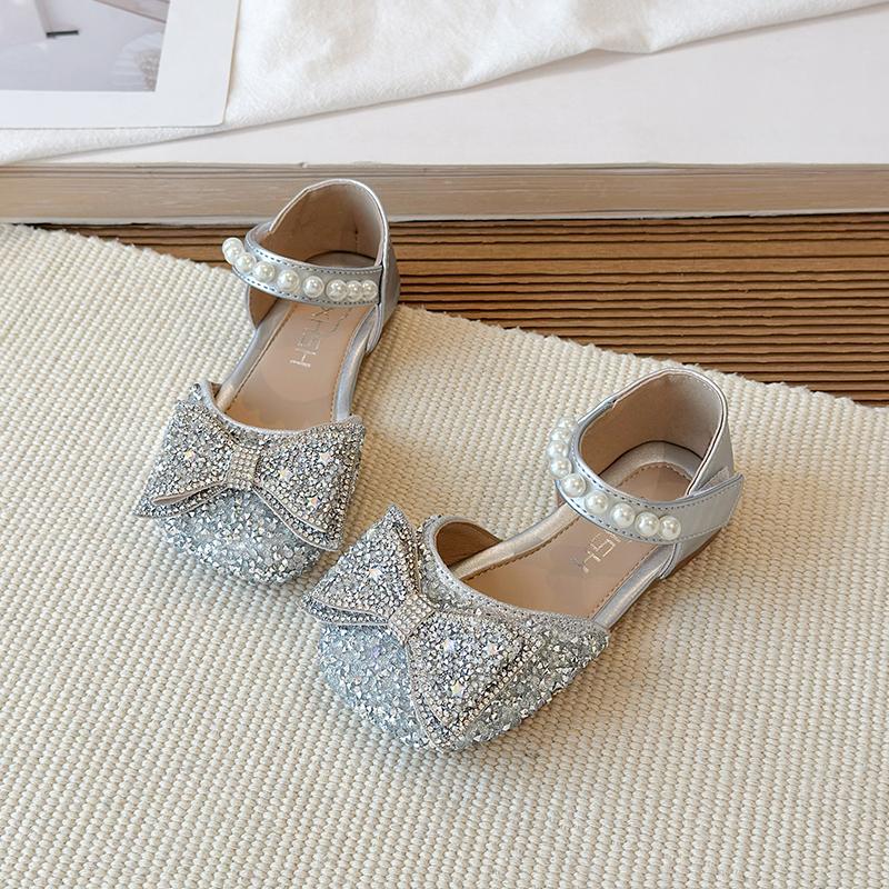 Girls' Leather Shoes New Rhinestone Single Shoes Fashionable Girls' Bow Princess Shoes Children's Toe Cap Crystal Sandals