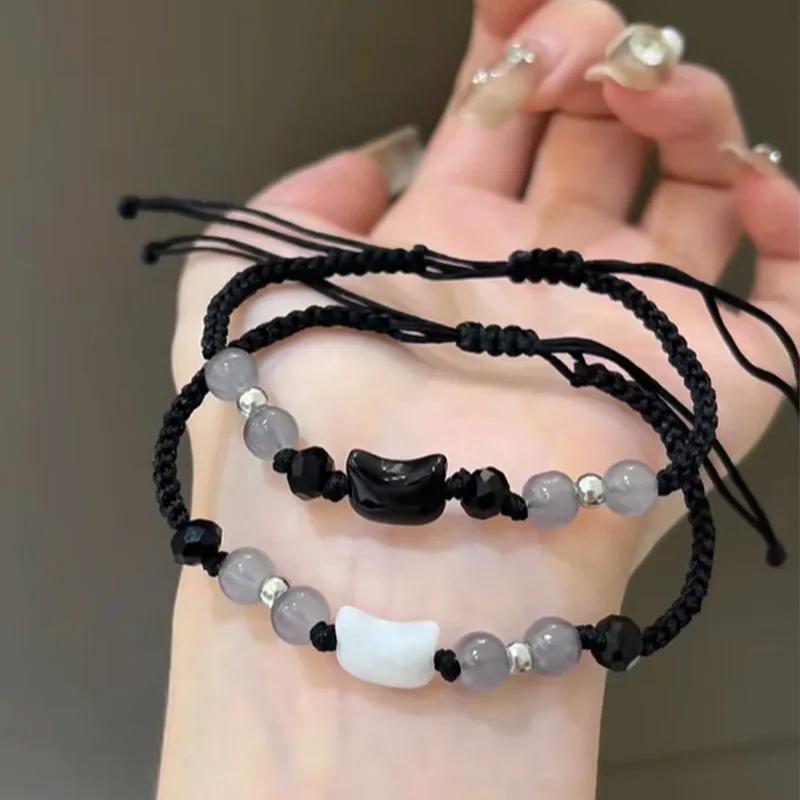 New 2pcs Natural Moonstone Obsidian Rabbit Cat Couple Bracelets for Women Men Charm Cats Bracelets Fashion Jewelry Friends Gifts
