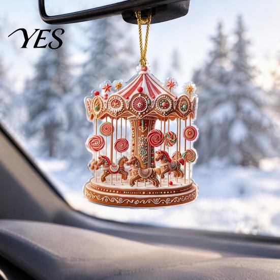 Gingerbread Theme Xmas Tree Decor Christmas Carousel Ornament, 2D Flat Car Rearview Mirror Charm, Acrylic Durable Hanging Keepsake Decoration for Car,