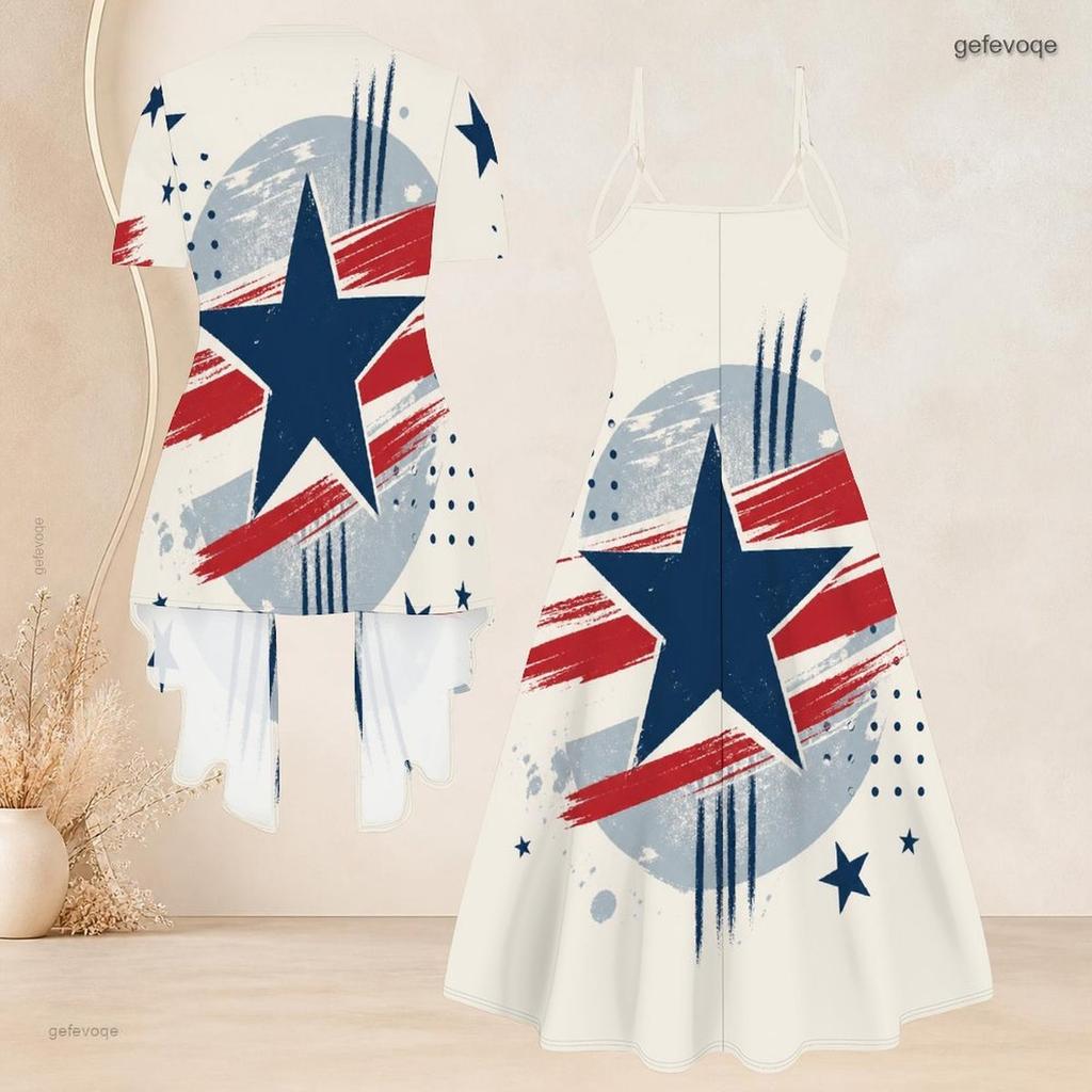 Women Plus Size Two Piece Set V Neck Strappy Flared Dress Short Sleeve Draped Cardigan American Eagle Printed
