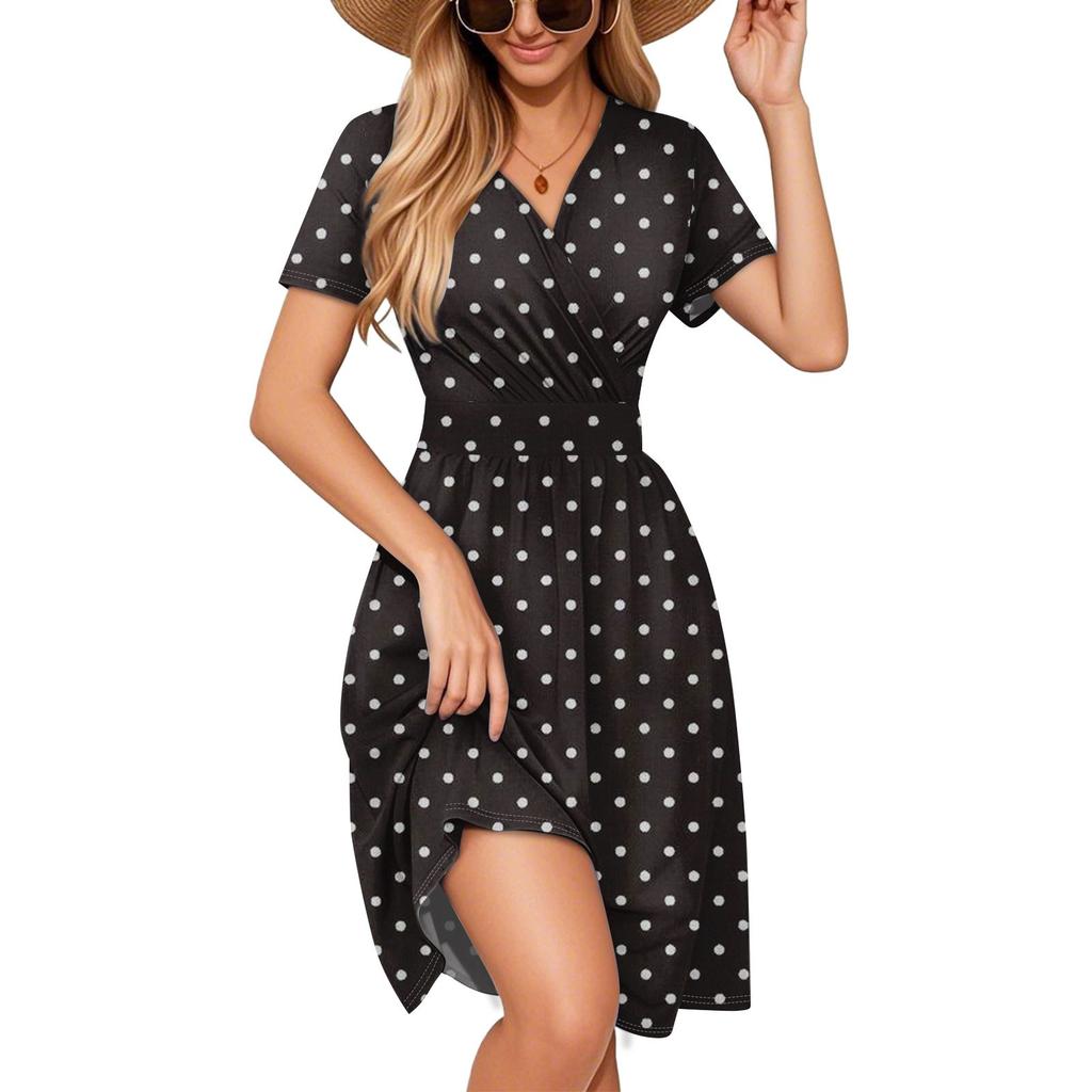 Women's Dress Is Elegant And Casual, Featuring A Colorful Printed V-neck Short-sleeved Dress