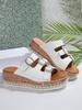 2025 summer new foreign trade muffin thick-soled double-buckle rhinestone cork beach one-word slippers large-size women's shoes
