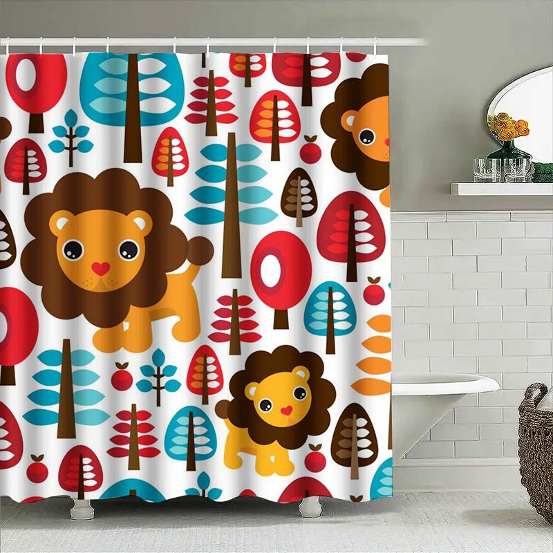 Playful Lion Forest: Whimsical Animal And Tree Pattern Shower Curtain For A Fun And Vibrant Bathroom Dcor