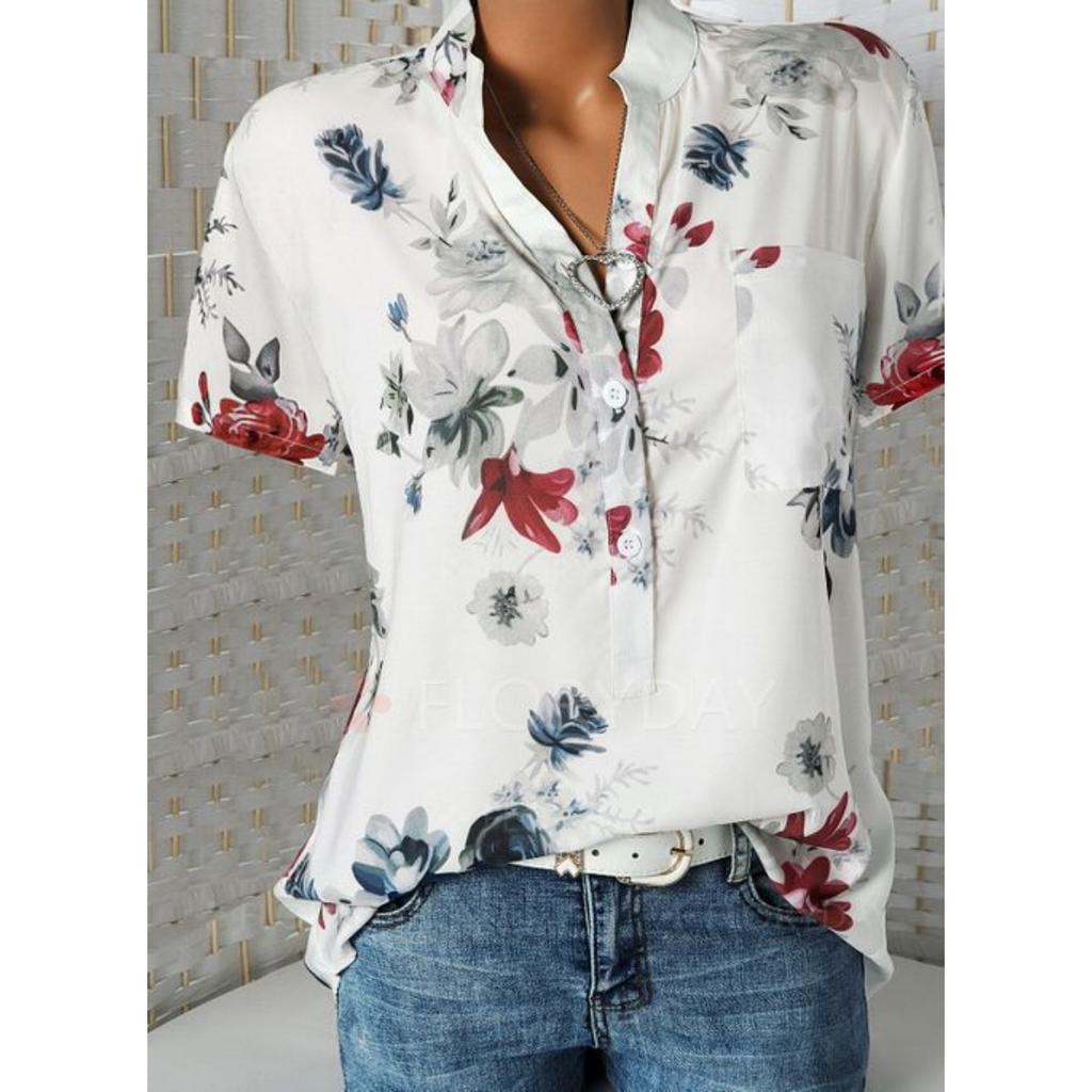 Women's Fashion Printed V-neck Short Sleeve Blouse, 10 Colors 8 Sizes Available Casual Summer Top