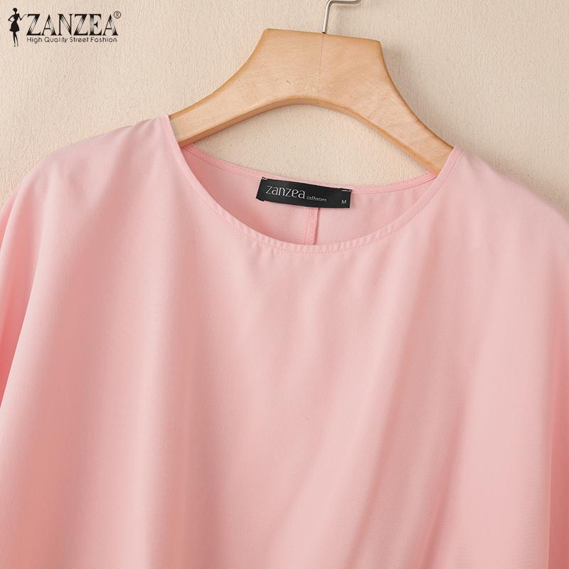 ZANZEA Damska letnia bluzka z okrągłym dekoltem, luźna, codzienna, z krótkim rękawem