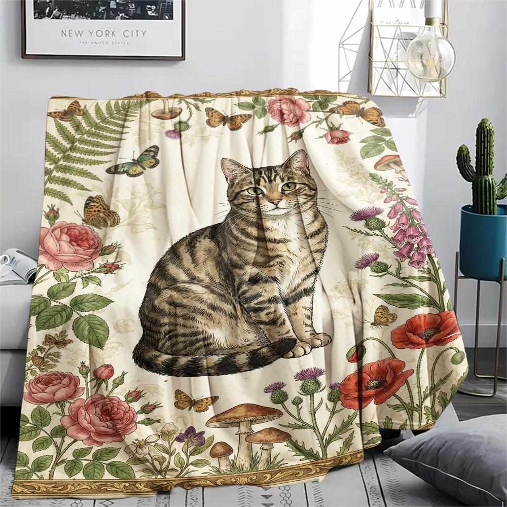 Cat Retro Print Flannel Blanket, High Quality Comfortable for All Seasons, Home Decor, Warmth and Comfort, Perfect for Christmas Gifts08