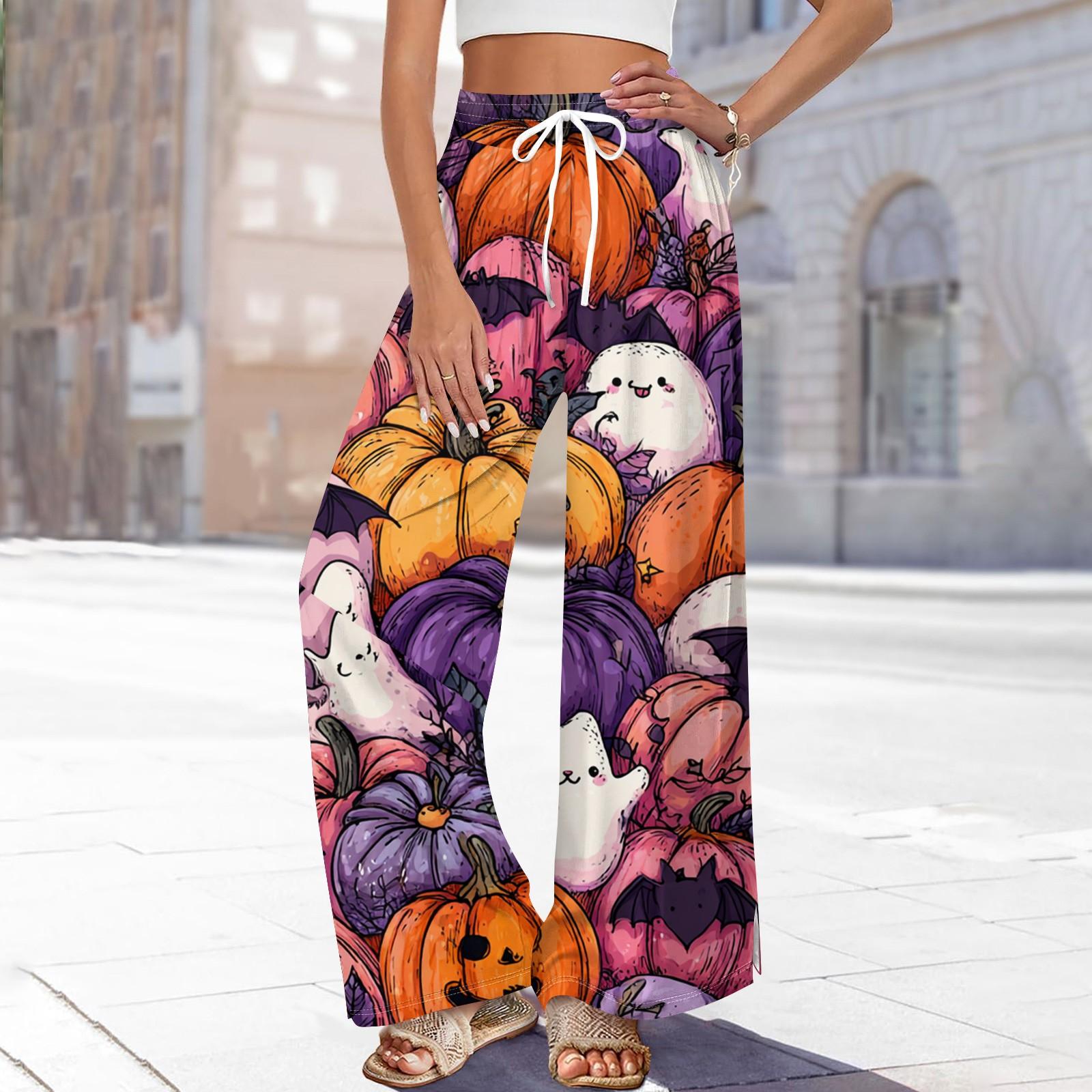 

Женские повседневные модные брюки прямого кроя с широкими штанинами, эластичной талией на кулиске, карманами и принтом на Хэллоуин XXL фиолетовый