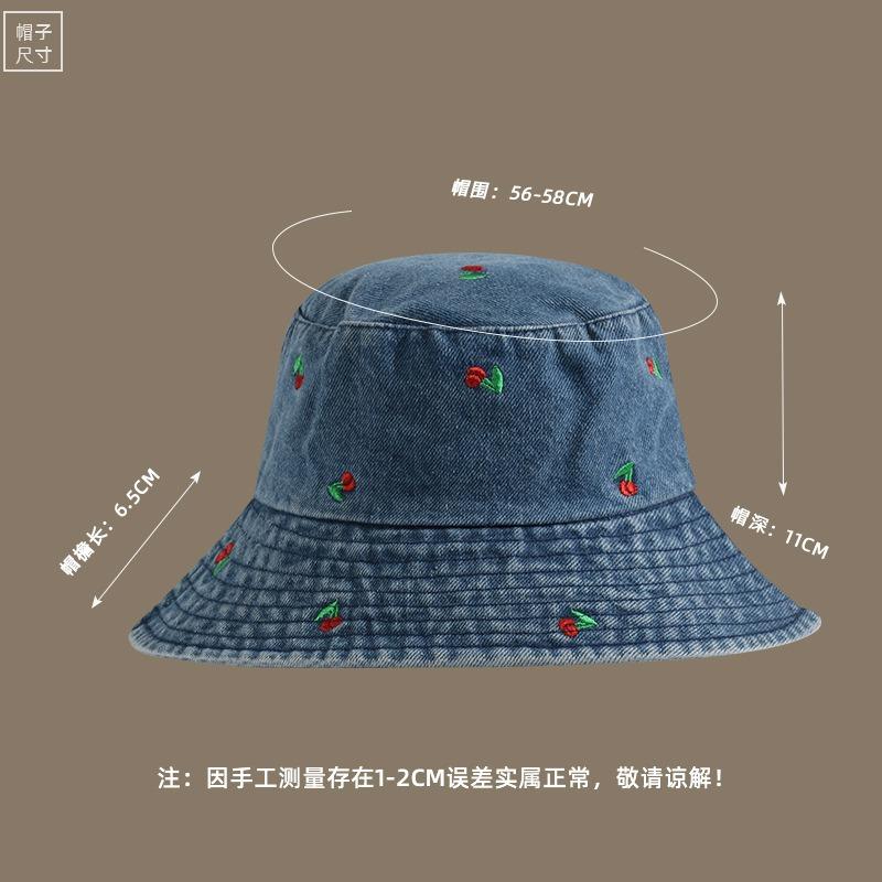 New hat female versatile fashion denim bucket hat embroidered cherry pattern wide brim sunshade basin hat