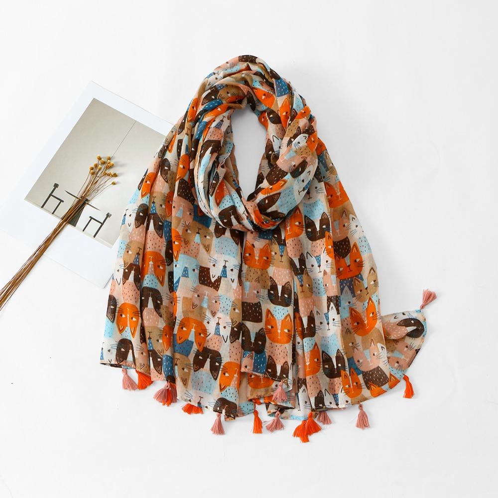 Bohemian Cat Pattern Tassel Scarf Large Animal Print Scarves Elegant Printed Silk Scarf  Outdoor Style 1