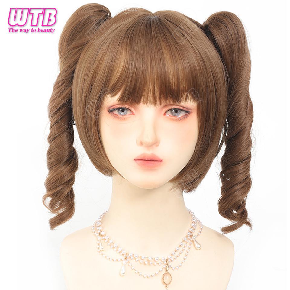 Synthetic Cosplay Wig Female Short Curly Hair Lolita Ponytail Bangs Wig Halloween Styling Wig