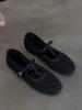 Sheepskin version~ French retro woven hollow T-shaped buckle Mary Jane shoes femininity round head flat bottom light mouth single shoes