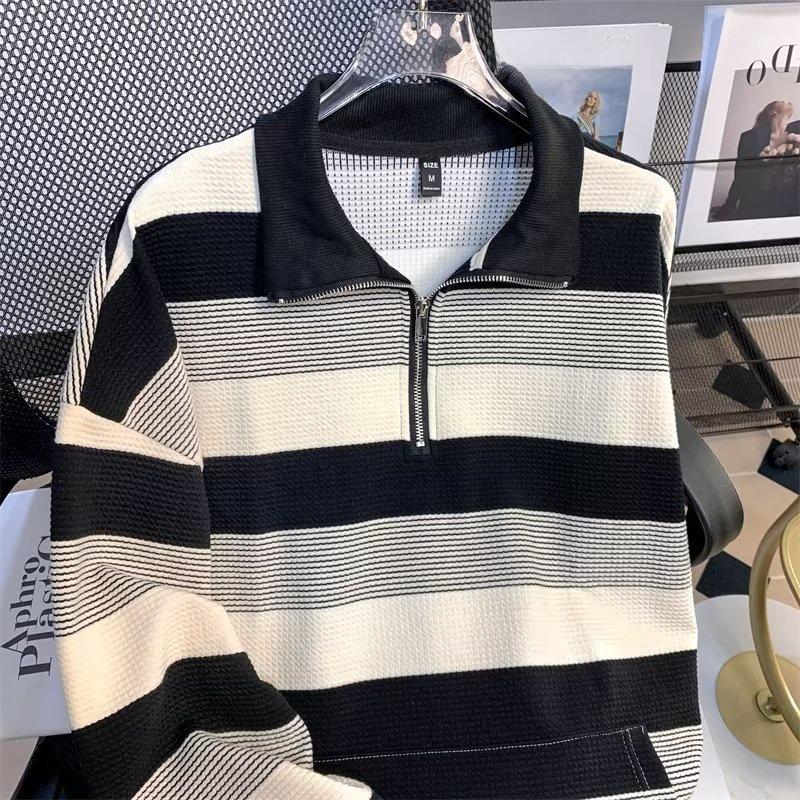 Unisex Retro Gestreifte Oversize Langarmjacke mit halbem Reißverschluss für Herbst & Winter