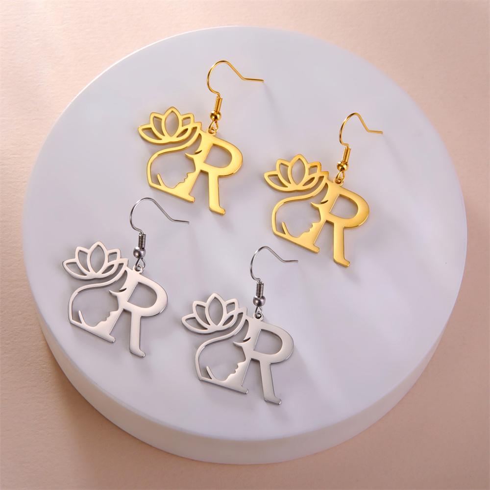 My Shape Beauty Flower Letter Drop Earrings for Women A-Z Alphabet Initials Lotus Stainless Steel Fashion Jewelry Kids Female