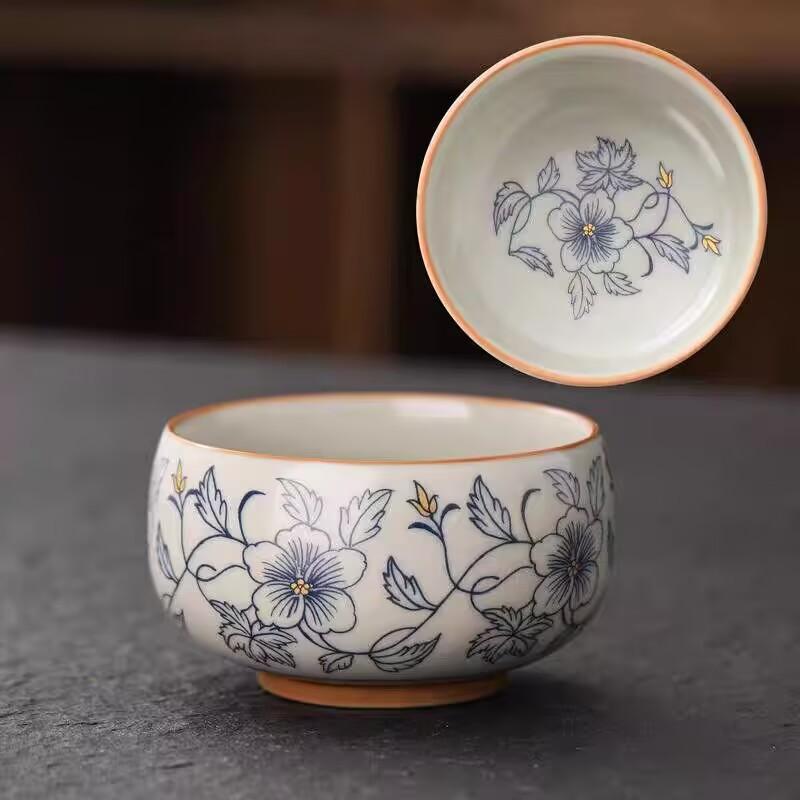 Ru Kiln Twisted Branch Lotus Teacup Master Cup Old Clay Crack Glaze High-End Atmospheric Teacup Painted Blue And White Arhat Cup