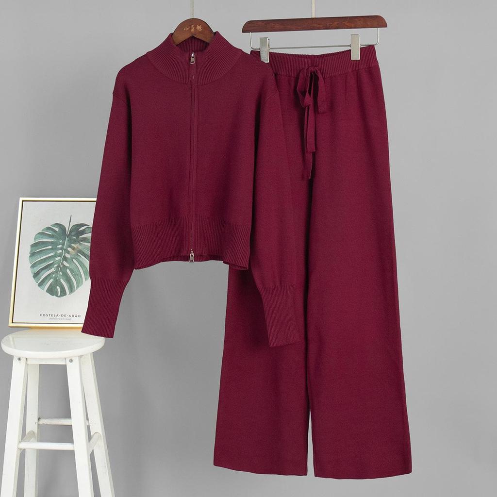Women's Knitted Ribbed Zip Up Sweatshirt and Wide Leg Trousers Set In Pink
