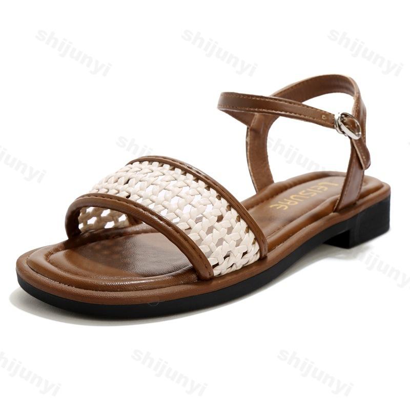 Fashion Women's Sandals 2025 Summer Woven Comfortable Anti Slip Outdoor Beach Shoes Female Open-toe Flat Sandals Outdoor Leisure Shoes
