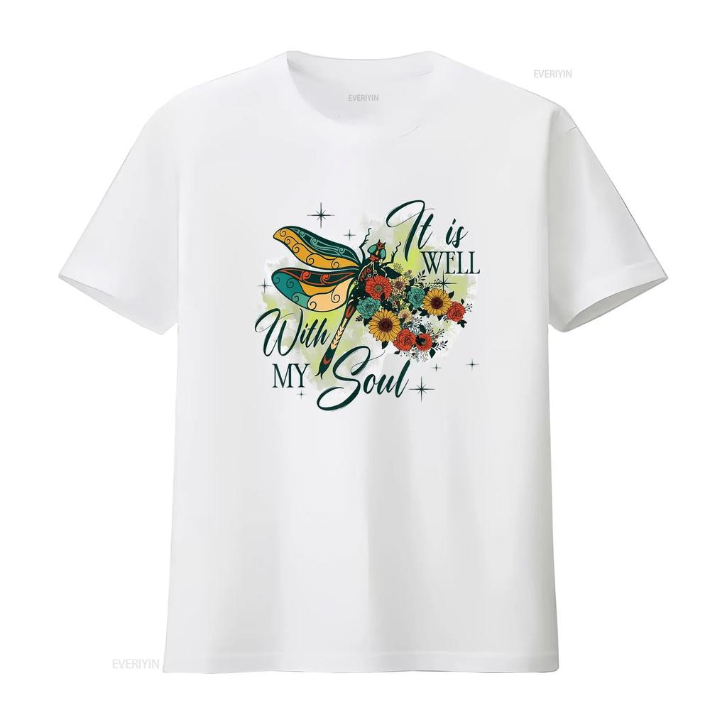 It is Well with My Soul Dragonfly Flowers Womens Summer Tops T Shirt White vintage Washed Soft Top For Everyday Wear Stretched