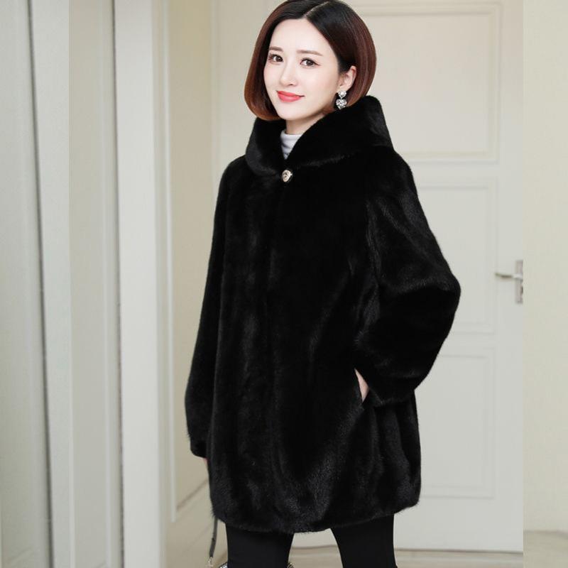 Autumn and Winter New Imitation Mink Velvet Imitation Fur Coat Loose Imitation Mink Coat Women's Hooded Medium and Long Thickened