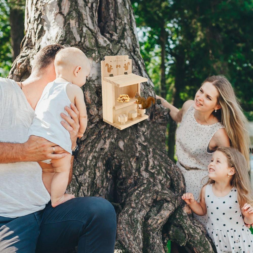 Wooden Squirrel Feeder Hanging Pet Food Dispenser Bird Raising Tool Hamster Feeding Box Courtyard